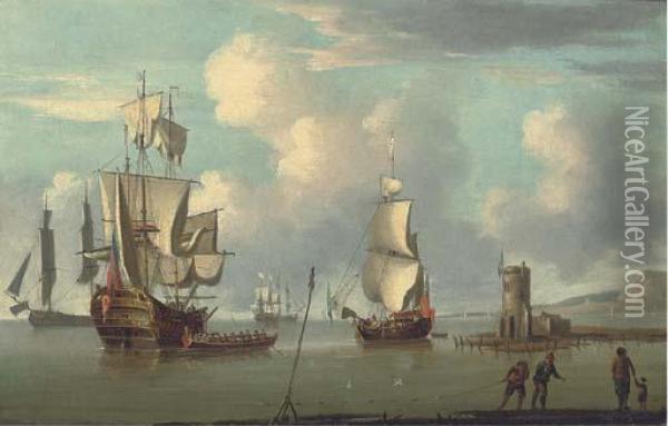 A Ship's Launch Containing Visitors Pulling Away From The Side Ofan Oil Painting - Francis Swaine