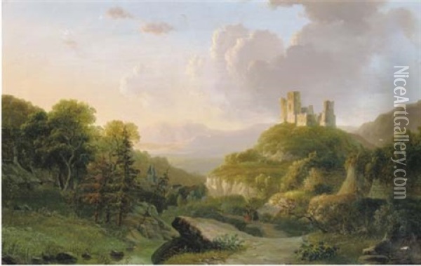 A Green Valley With A Ruin On A Hilltop Oil Painting - Willem De Klerk