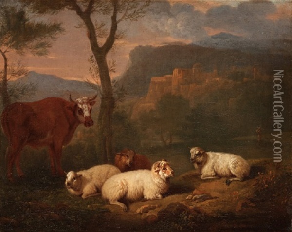 Cow And Sheep Resting In A Landscape Oil Painting - Govaert (Gabriel van der) Leeuw