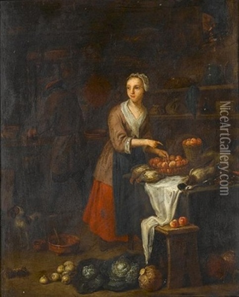 A Kitchen Interior With A Young Woman Standing At A Table Laden With Fruit And Dead Birds Oil Painting - Pieter Angillis