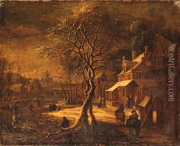 A Winter Landscape with Travellers on a Path in a Village, a frozen Waterway nearby Oil Painting - Daniel van Heil