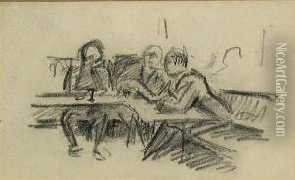 Untitled (street Scene); Untitled (tavernscene With 3 Figures) (2) Oil Painting - Jean Hippolyte Marchand