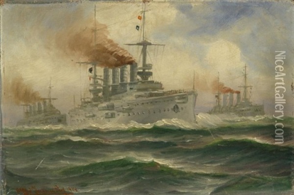 Marine Mit Kriegsschiffen Oil Painting - Alfred Serenius Jensen