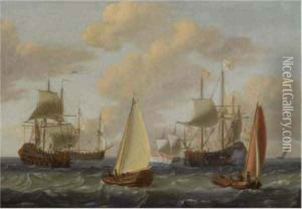 Dutch Merchant Men, A Kaag And Other Sailing Vessels In Choppy Waters Oil Painting - Adam Silo