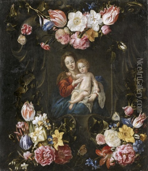 Vierge A L'enfant Dans Une Guirlande De Fleurs (after Daniel Seghers And Cornelis Schut) Oil Painting - Juan De Arellano