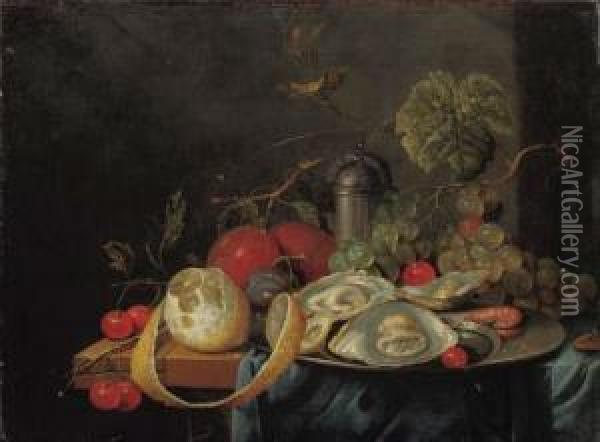 Oysters And A Prawn On A Pewter Plate, A Partly Peeled Lemon,plums, Grapes And Cherries On A Partly Draped Table Oil Painting - Guilliam van Deynum