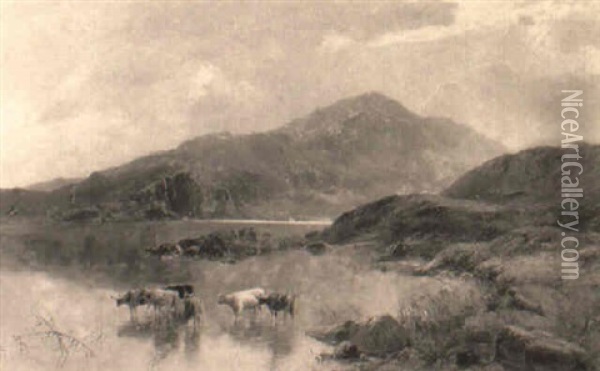 Cattle Watering In A Mountainous Landscape Oil Painting - Henry John Boddington