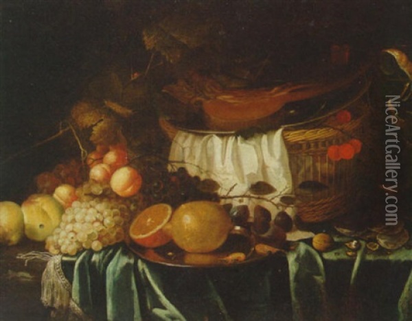 Grapes, Apricots, Peaches And Other Fruit On A Pewter Plate With A Basket And A Wine Glass On A Partially Draped Table Oil Painting - Cornelis De Heem
