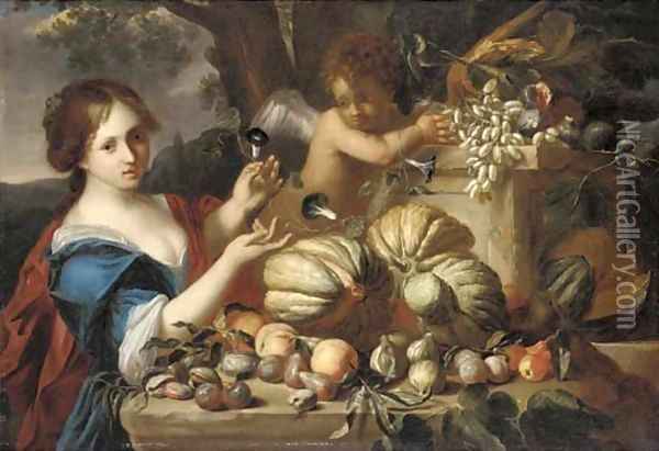Melons, grapes, plums, peaches, pears, figs and pomegranates on a ledge, with a lady in a blue dress and a putto Oil Painting - Michele Pace Del (Michelangelo di) Campidoglio
