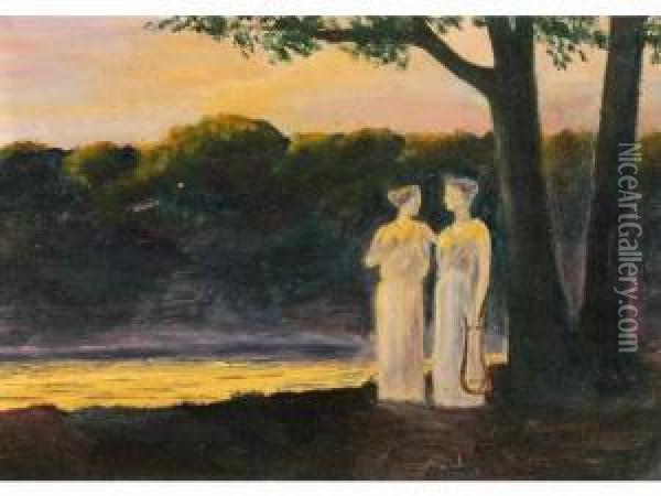 Deux Jeunes Femmes Sur Le Bord D
 Un Etang Huile Sur Papier. 17 X 25 Cm Expert : M. Frederick Chanoit Oil Painting - Alphonse Osbert