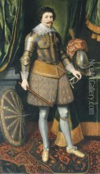 Portrait Of Frederik Hendrik, 
Prince Of Orange (1584-1647),full-length, In Armour With His Plumed 
Helmet And Shield By Hisside Oil Painting - Daniel Mytens