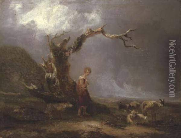 A Landscape With A Shepherdess And Her Flock Oil Painting - Thomas Barker of Bath