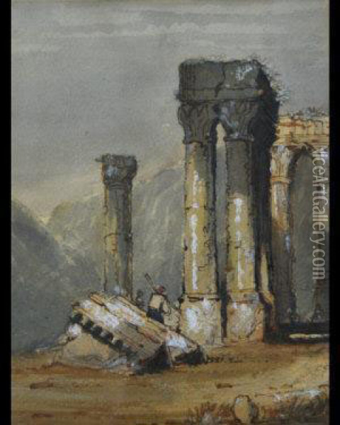 Figure By A Classical Ruin In A Mountain Landscape Oil Painting - William Page