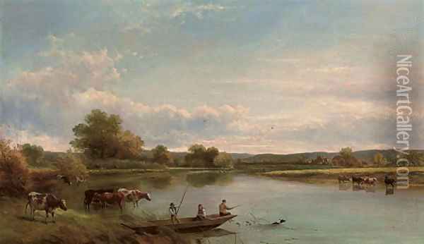 Figures in a punt, with cattle watering Oil Painting - Adam Barland