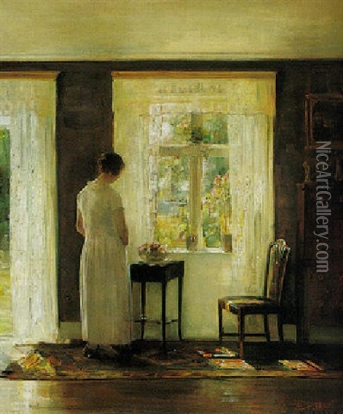 Interior With A Young Woman Oil Painting - Carl Vilhelm Holsoe