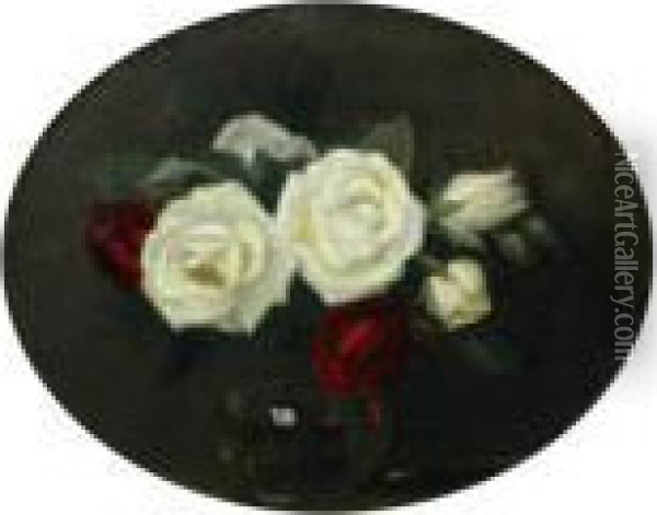 Red And White Roses In A Glass Bowl Oil Painting - James Stuart Park