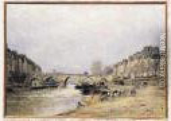 La Seine Au Pont Marie Vers 1874-1877huile Sur Toilesignee En Bas A
 Droite. Oil Painting - Stanislas Lepine