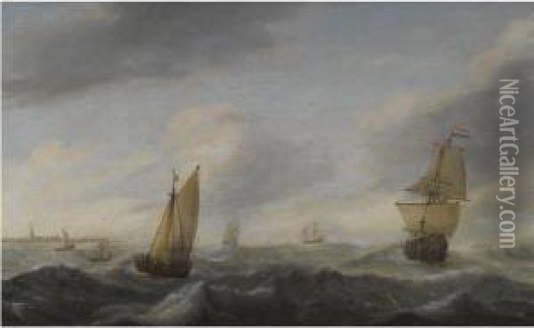 A Coastal Landscape With Dutch Shipping In A Stiff Breeze Oil Painting - Willem van Diest