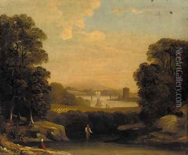 An extensive river landscape Oil Painting - English School