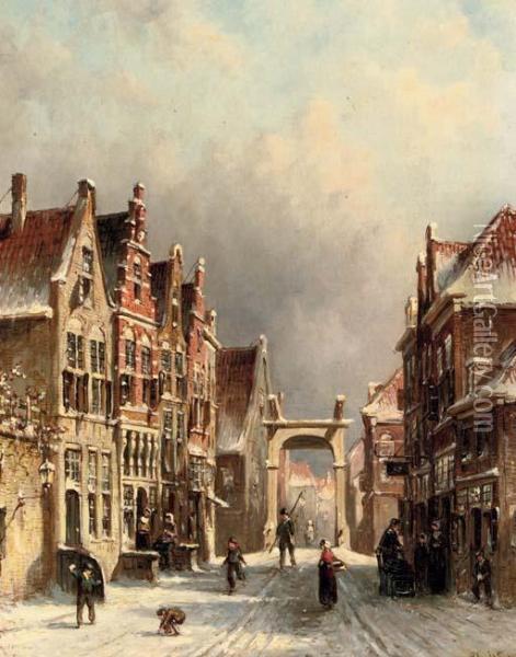 A Snowball Fight In A Dutch Town Oil Painting - Pieter Gerard Vertin