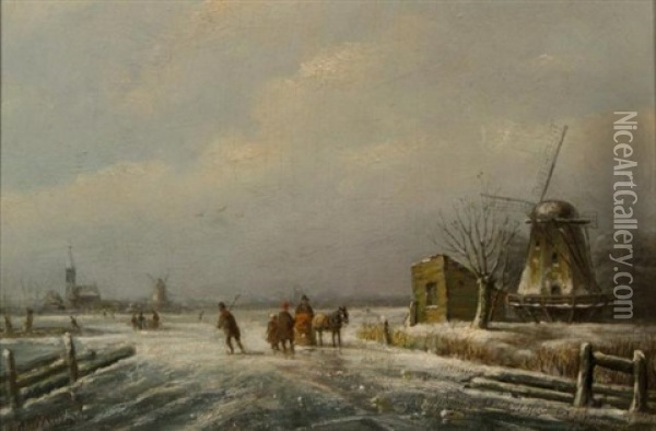 Winter Landscape With Passers-by Oil Painting - Andreas Schelfhout
