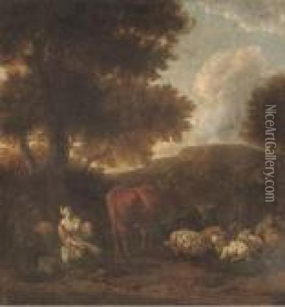 A Wooded Landscape With Herdsmen Oil Painting - Rembrandt Van Rijn