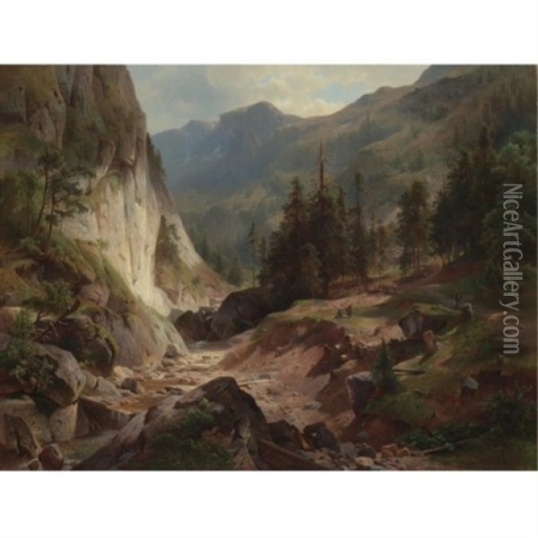 View In The Adirondacks Oil Painting - Hermann Fuechsel