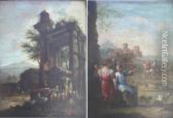Figures By Classical Ruins Oil 
On Canvas 48 X 35cm.; With Another, Circle Of Andrea Locatelli Oil Painting - Gennaro Greco, Il Mascacotta