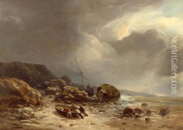 Storm On The Normandy Coast. Oil Painting - Jules Achille-Noel