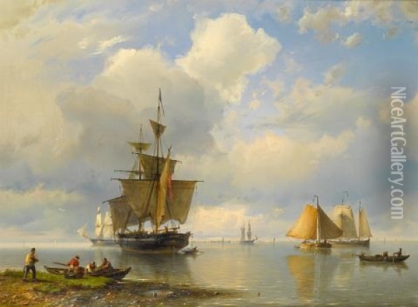 A Dutch Barge Leaving Harbor On The Tide, With A Merchantman Anchored Offshore Oil Painting - Hermanus Willem Koekkoek