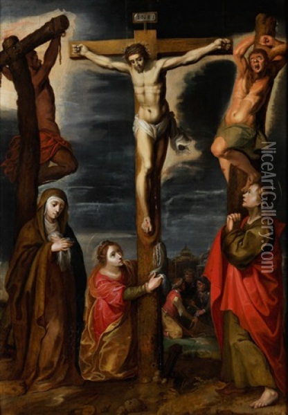 Gekreuzigter Christus Und Die Beiden Schacher, Madonna, Magdalena Und Evangelist Johannes Oil Painting - Marten de Vos
