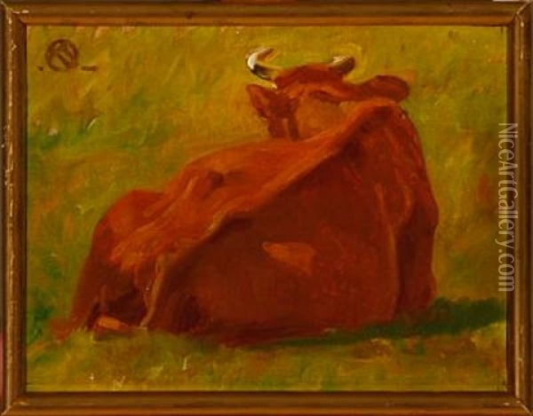 Cow Study (+ Another; 2 Works) Oil Painting - Knud Sinding