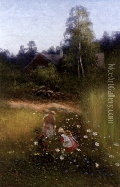 Mor Och Barn Pa Blomstreang Oil Painting - Johan Severin Nilsson