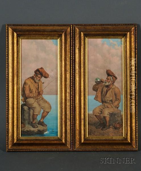 Lot Of Two Portraits: The Fisherman Oil Painting - Michele Bracci