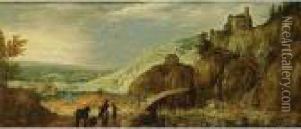 An Extensive Mountainous River 
Landscape With A Waterfall And A Horseman, Travellers And A Horse On A 
Wooden Bridge, A View Of A Fortified Castle On A Hill Top Beyond Oil Painting - Joos De Momper