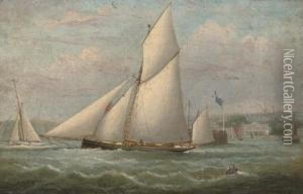 Racing Cutters Tacking Inshore Off Ryde Pier Oil Painting - Arthur Wellington Fowles