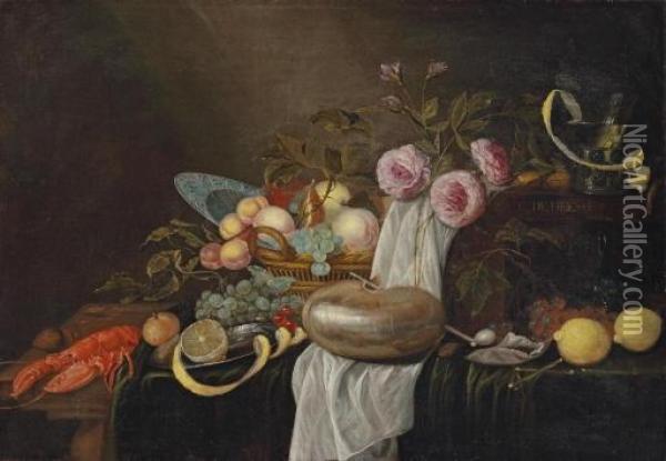 Still Life With A Lobster, A Peeled Lemon, A Basket Of Fruit, A Nautilus Shell With A Pipe, An Oyster, Roses, A Oil Painting - Giuliam Dandoy