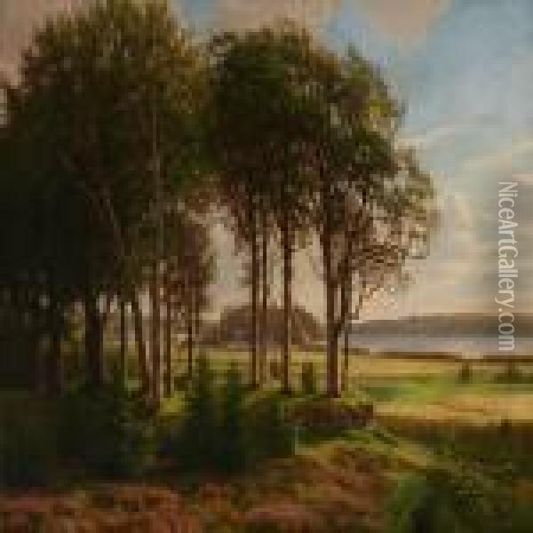 Summer Landscape With A Farms At A Fiord Oil Painting - Eiler Rasmussen-Eilersen