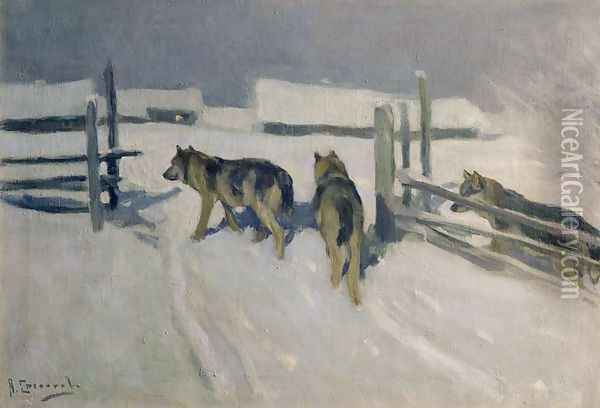 Wolfs, Winter Night, c.1910 Oil Painting - Aleksi Stepanovich Stepanov