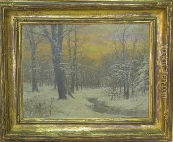 Winter Sunset Landscape With Brook Running Through Snowy Woodland Oil Painting - Daniel F. Wentworth
