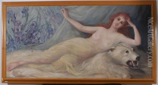 Woman Reclining On White Bearskin. 1904. Oil Painting - Mary Golay