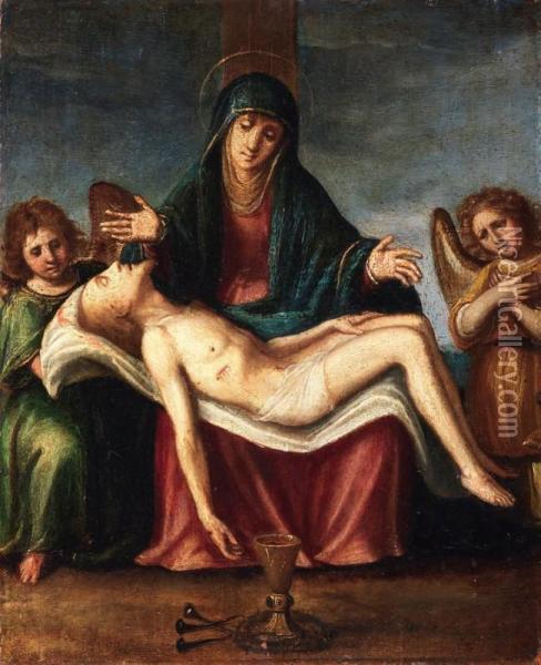Deposizione Con Due Angeli E Simbolo Della Passione Oil Painting - Cesare Corte