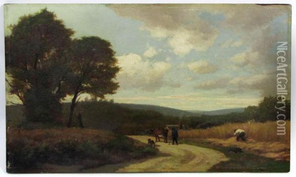 Landscape With Figures On Road With Dog And Cow Oil Painting - Joseph Foxcroft Cole