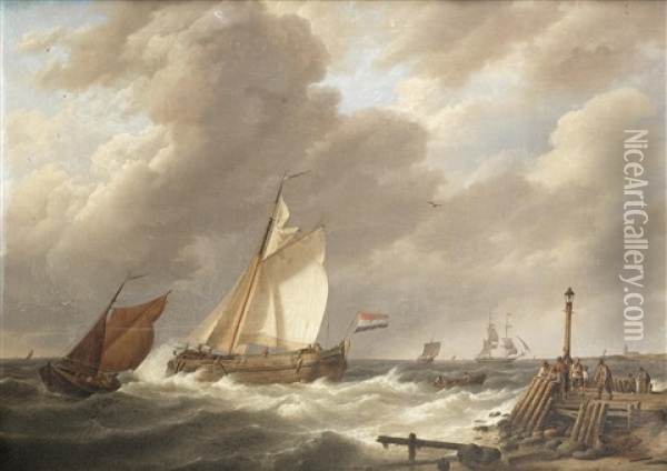 Sailing Vessels At The Mouth Of An Estuary Oil Painting - Johannes Hermanus Koekkoek