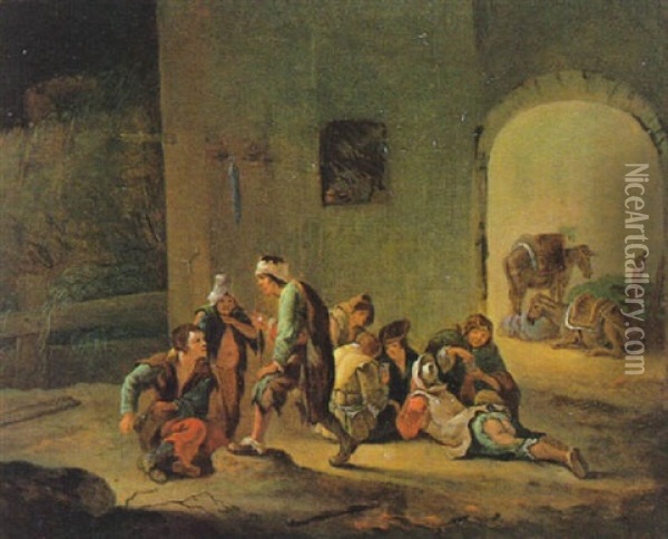 Eseltreiber Und Bauern Beim Kartenspiel In Einer Scheune Oil Painting - Jean-Louis Demarne
