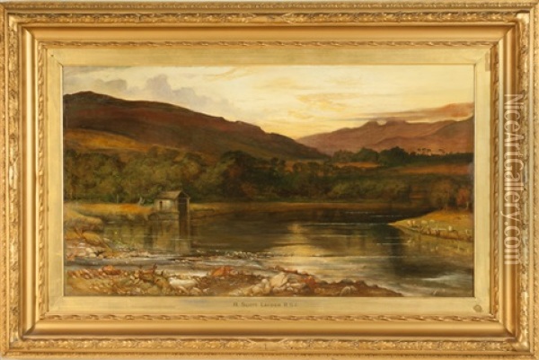 Scottish Landscape, Loch Long With Mountains In The Background Oil Painting - Robert Scott Lauder