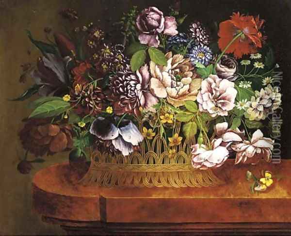 Roses, peonies, a poppy and other summer flowers in a wicker basket on a ledge Oil Painting - English School
