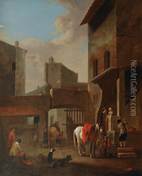 Resting Horsemen In A Court Oil Painting - Pieter Jacobsz. van Laer