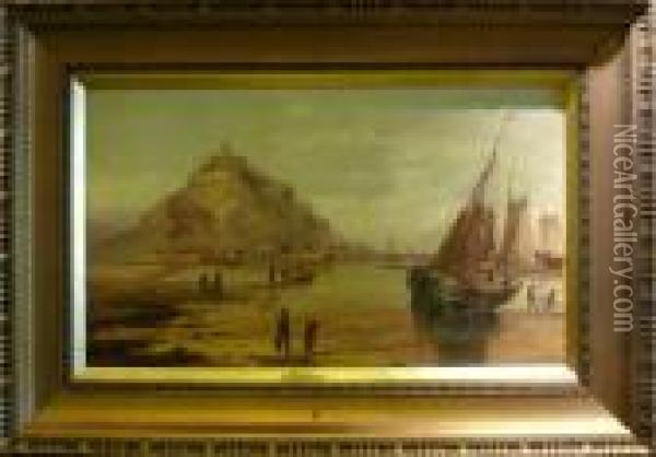 Kustlandskap Med Batar Och Manniskor I Forgrunden. Oil Painting - Henry Moore
