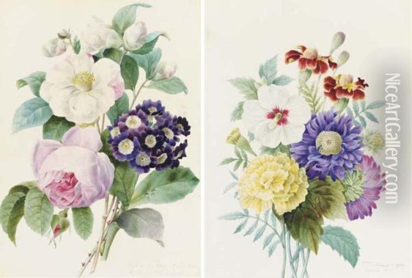 Un Bouquet De Roses Et Pivoines; Et Un Bouquet D'oeillets Et Dahlias Oil Painting - Egle Charlotte Leone De Morell D'Aubigny D'Assy